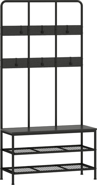 HOMCOM Garderobenständer mit Schuhbank und 6 Haken in Schwarz, Industrial Design für Flur und Eingangsbereich, B/T/H: 91 x 36 x 180 cm - Bild 1