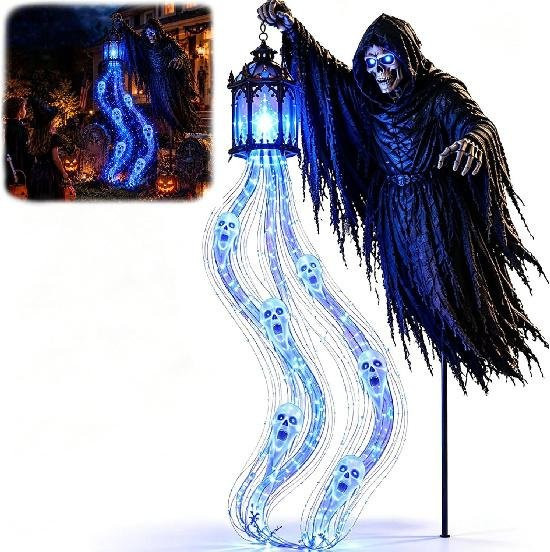 YDM Beauty Life Halloween Seelenernter Solarbetriebene Gartenleuchte mit blauer LED, Gruseliger Sensenmann als Outdoor-Deko für den Garten, Blau - Bild 1