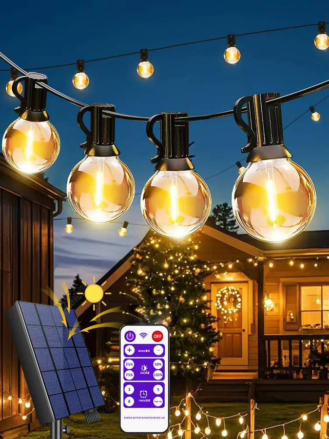 G40 LED-Solar-Lichterkette mit Fernbedienung, dimmbar, warmweißes Licht, transparente Glaskugeln, wasserdichte Dekoration für Garten und Terrasse - Bild 7