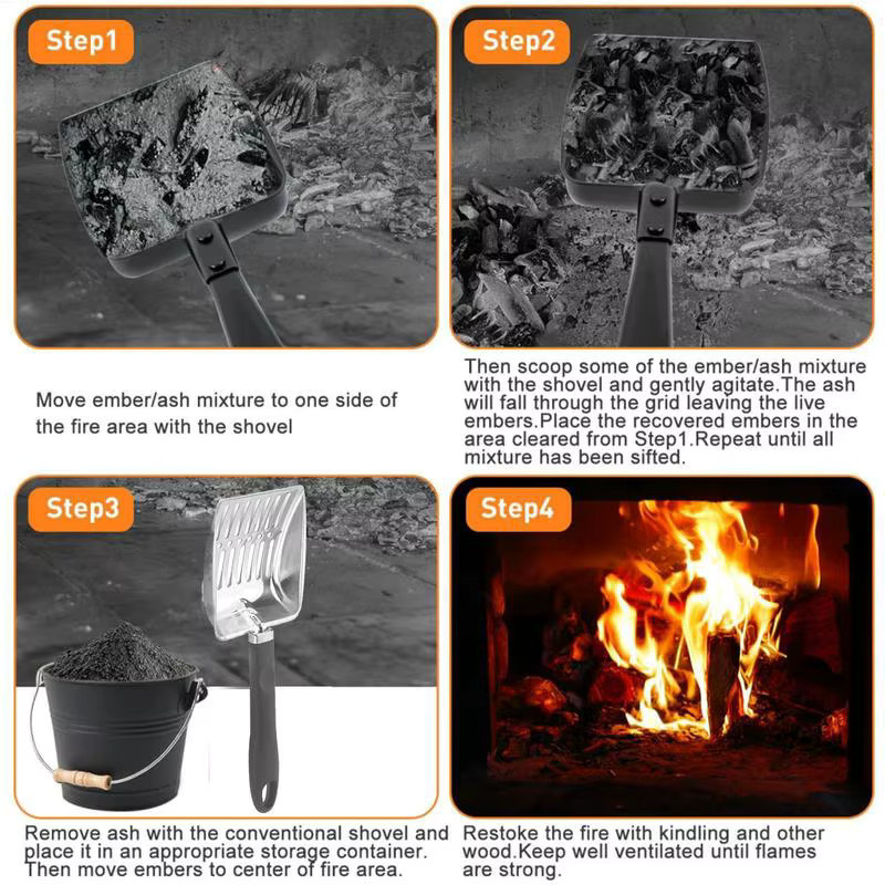Edelstahl-Kohlenschaufel und Kamin-Asche-Sieb Set aus Metall in Schwarz und Silber für die Reinigung von Feuerstellen im Innen- und Außenbereich - Bild 4