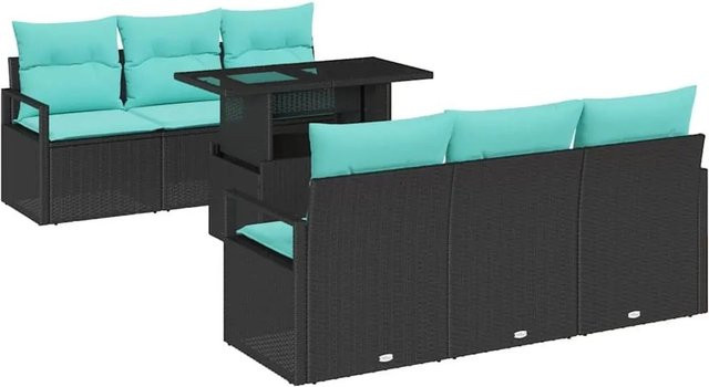 vidaXL Gartensofa-Set 7-teilig aus Poly-Rattan mit Polsterkissen und Speicherfunktion in Schwarz und Blau - Bild 1
