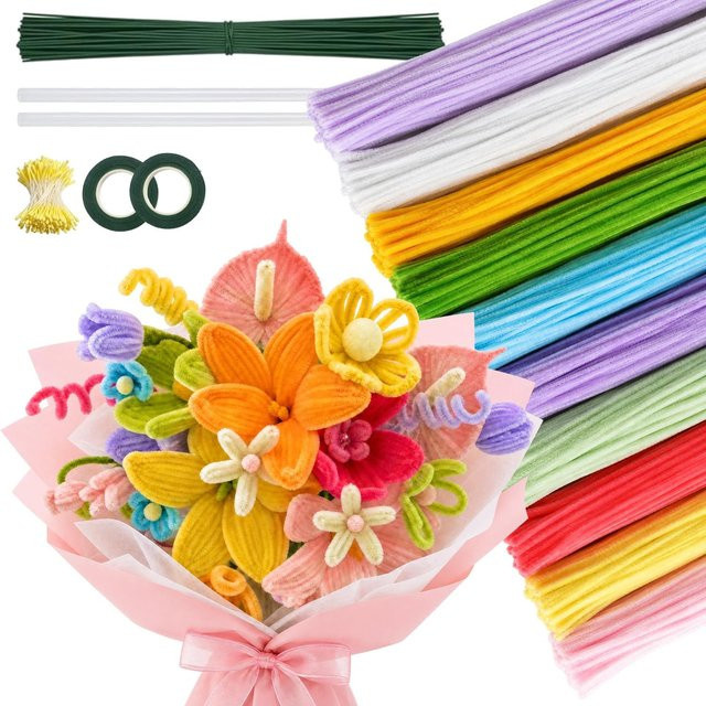 500 Stück Pfeifenreiniger-Blumenset in 20 Farben mit 25 Blumendrahten und Klebeband für Bastelarbeiten, Multicolour - Bild 1