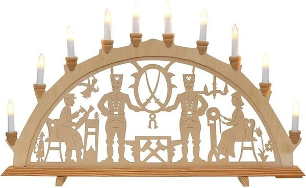 Dekohelden24 XXL Leuchterbogen Schwibbogen mit Bergleute-Motiv und wechselbaren Spitzkerzen in Beige, B/H: 71 x 40 cm, Tiefe: 4 cm