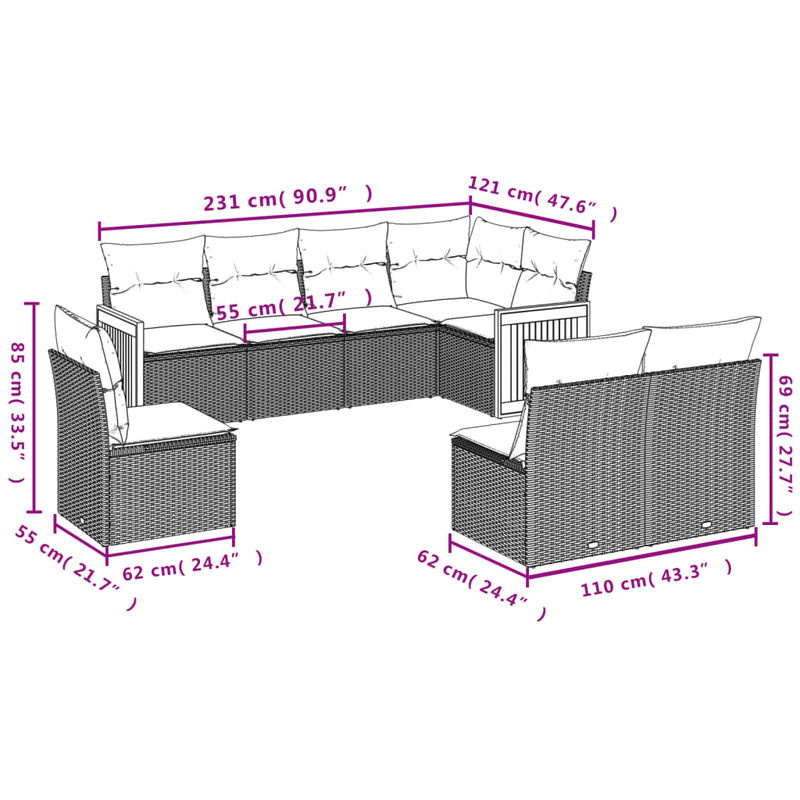 Vidaxl Gartenmöbel-Set aus Polyrattan mit 8-teiligen Kissen in Grau, modern für Erwachsene - Bild 3