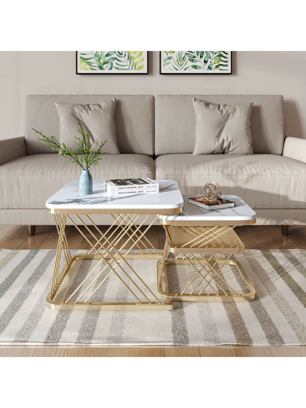 Rosahqnda 2er-Set Couchtisch mit Marmoroptik und Eisenrahmen in Schwarz-Gold - Bild 5