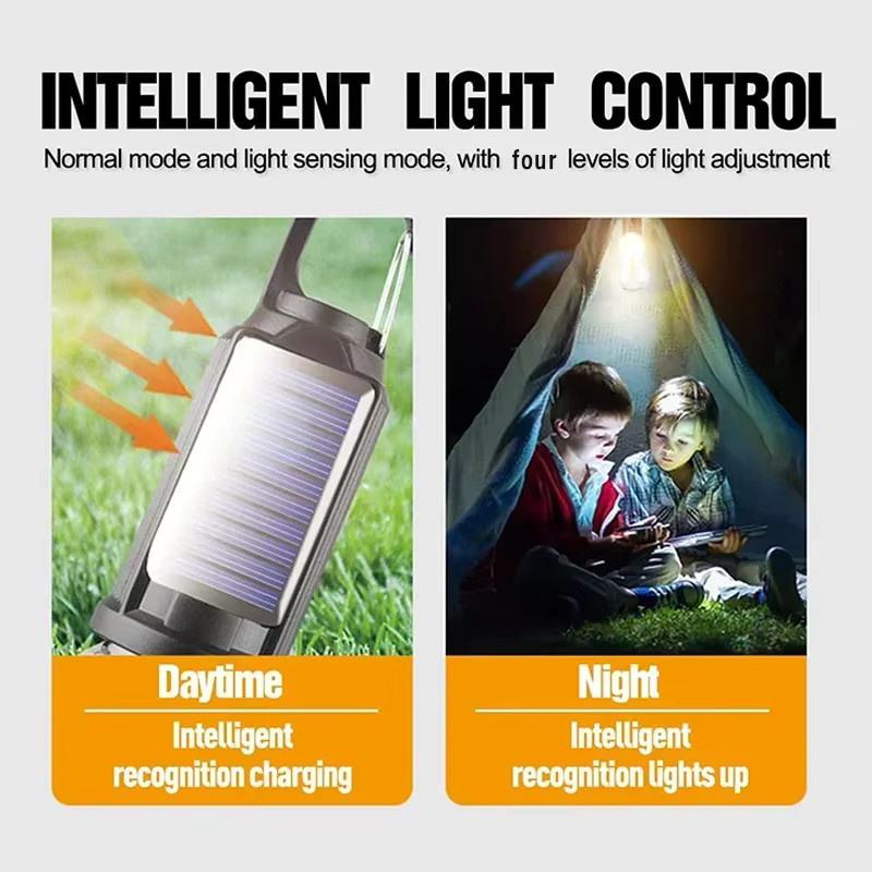 XIWANGFIRE Tragbare LED Camping Lampe mit Solar- und USB-Ladefunktion, Wasserdichtes Outdoor Nachtlicht in Schwarz mit Warmweißem Licht und Haken zur Aufhängung - Bild 2