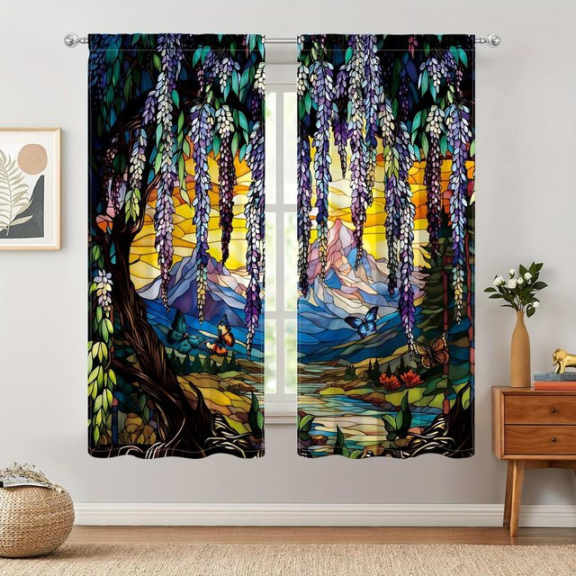 2er-Set halbverdunkelnde Küchenvorhänge von Yiran Furniture mit Aquarell-Blumenmuster in Multicolour, Breite: 60 cm, Höhe: 150 cm - Bild 1