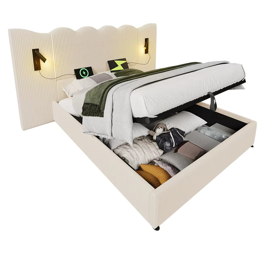 KOMHTOM Polsterbett aus Cordstoff in Beige mit integrierter Leselampe, USB Type-C Ladefunktion und Stauraum durch Lift-up-Funktion, B/T: 180 x 200 cm - Bild 3