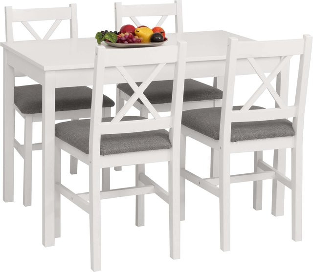 Esszimmer-Set MCW-F77 Landhaus-Stil aus Massiv-Holz Kiefer mit Tisch und 4 Stühlen, Farbe Weiß und Grau, Tischbreite: 110 cm - Bild 1