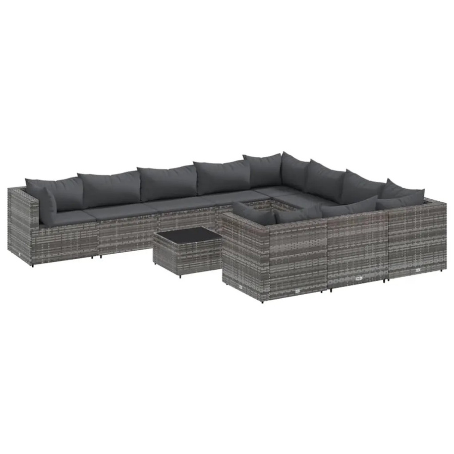 vidaXL 11-tlg Garten-Sofagarnitur in L-Form aus grauem Poly-Rattan mit Kissen und Couchtisch - Bild 2