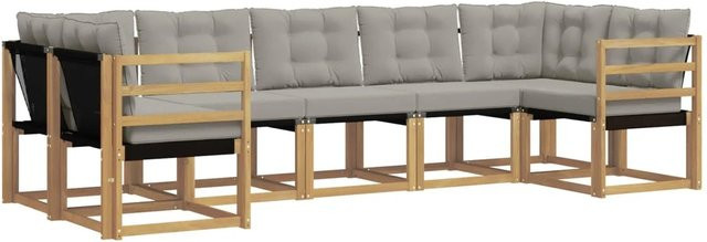 vidaXL Outdoor-Sofagarnitur L-Form aus Akazienholz mit Textilene und Kissen in Weiß-Hellgrau - Bild 1