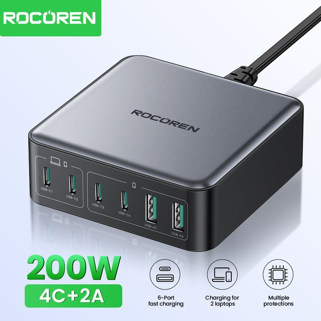 Rocoren 200 W GaN Schnellladegerät mit 6 Ports und USB Typ C für iPhone 15 16 Pro Max und Samsung - Bild 1