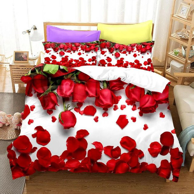 Bettwäsche-Set Your Warm Home mit roter 3D-Rosenblume aus Polyester, 3-teilig, Farbe Rot/Weiß, B/H: 210 x 210 cm, Kissen: 50 x 70 cm - Bild 1