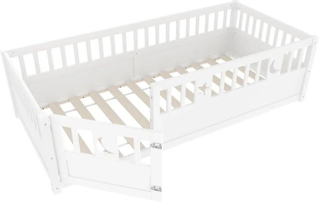 KOMHTOM Kinderbett mit Seitengitter aus Kiefernholz in Weiß mit Sternen- und Mondmotiv im minimalistischen Stil, B/H: 90 x 190 cm - Bild 1