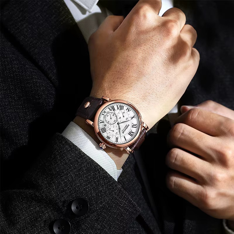 POEDAGAR Armbanduhr Chronograph, Quarz, Leder, Schwarz, Herren - Bild 4
