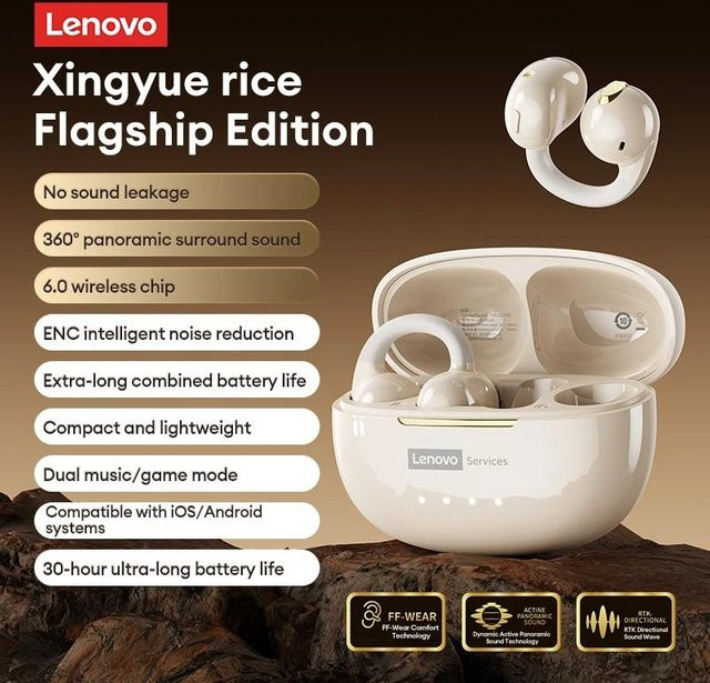 Lenovo RS129 Open-Ear Bluetooth V6.0 Kopfhörer mit Clip-On Design, kabellose Gaming-Ohrhörer mit geringer Latenz und ENC-Geräuschunterdrückung, Beige - Bild 1