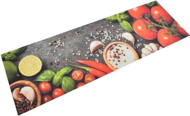 vidaXL Küchenteppich Gemüse, Waschbar, Rutschfest, Samt, B/T: 60 x 180 cm, Grau-rot/Multicolour - Bild 1
