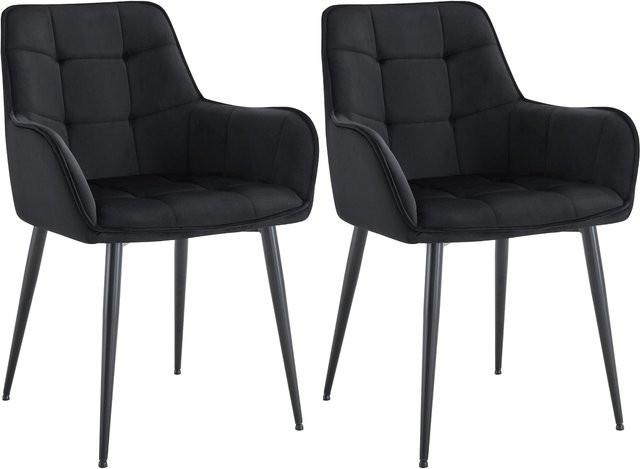 CLP 2er Set Esszimmerstühle Ferndale mit Samtbezug und Armlehnen in Schwarz, gesteppte Sessel mit Metallbeinen im modernen Design - Bild 1