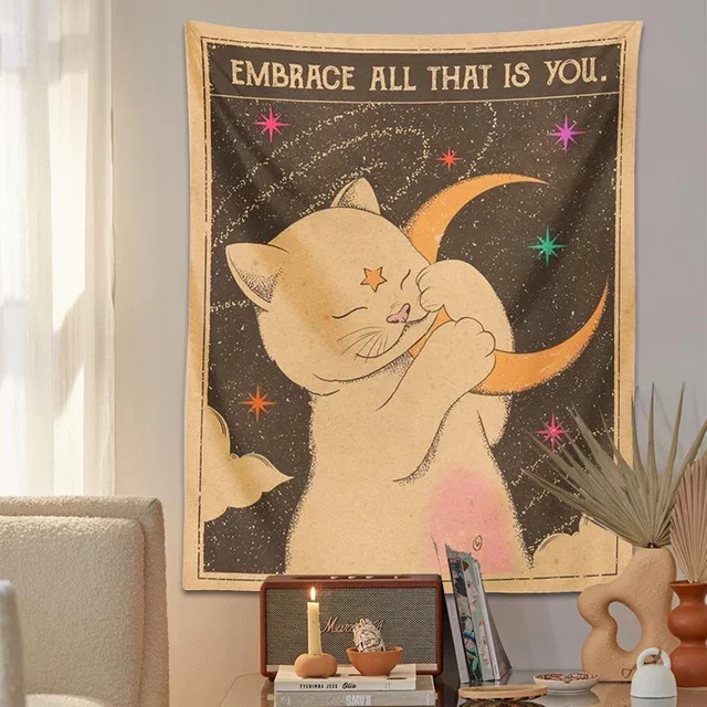Mairuige Wandteppich Sonne Mond Tarot Katze im Bohemian Stil als ästhetische Wanddekoration für dein Schlafzimmer - Bild 1
