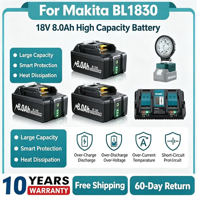 Turpow 18V 8000mAh Akku für Makita BL1830 BL1815 BL1860 BL1850 BL1840B Akku-Elektrowerkzeuge inklusive 4A 6A Ladegerät in Schwarz - Bild 1