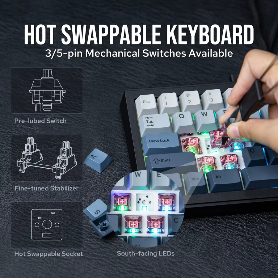 EPOMAKER Split65 Mechanische Tastatur mit 60 % Layout, Hot-Swap, RGB-Beleuchtung, Drahtlos via Bluetooth 5.0 oder 2,4 GHz und Wired, Farbe: Schwarz - Bild 2