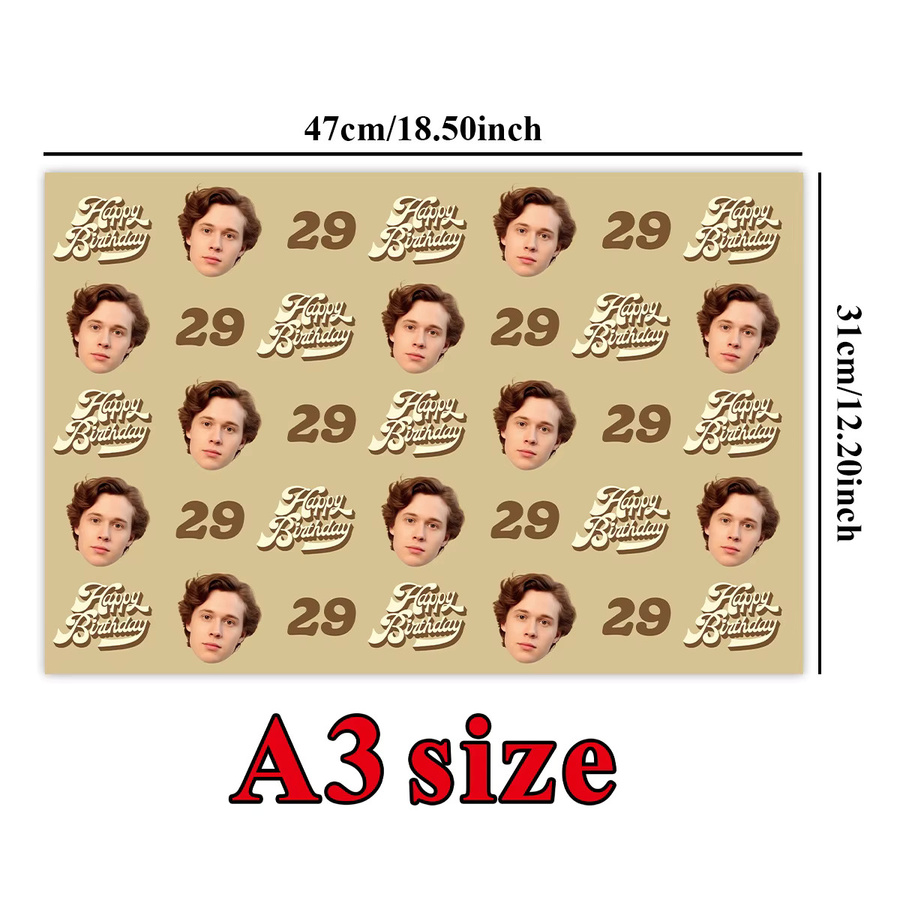 Personalisiertes Geburtstags-Geschenkpapier mit individuellem Gesicht und Foto in Beige, 3 Blatt für deine einzigartige Geschenkverpackung und DIY-Bastelarbeiten - Bild 2