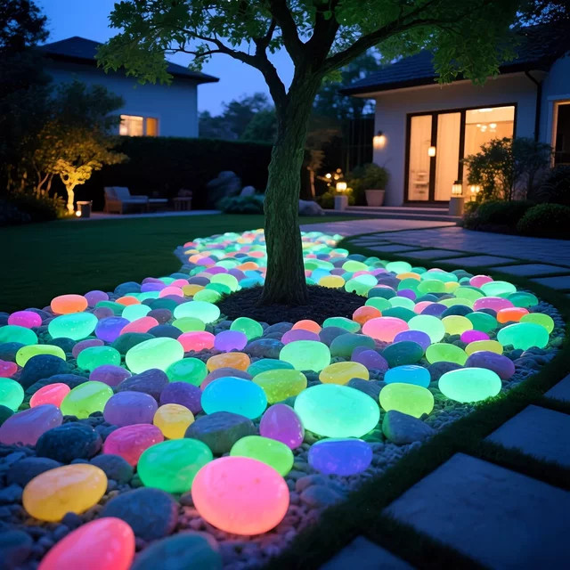 5 Stück leuchtende dekorative Kieselsteine aus Kunststoffharz in Mehrfarbig für Garten und Gartenteich - Bild 1