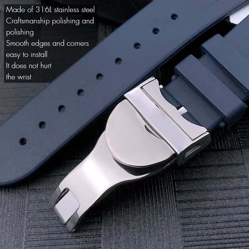 Uhrenarmband Silikon, Faltschließe, 20mm 22mm, Schwarz, Unisex - Bild 3