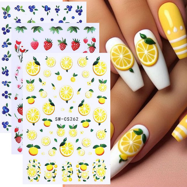 SWEET TREND Nagelaufkleber 3D, Zitronen, Erdbeere, Blaubeeren, Blütenblätter, Glänzend - Bild 1