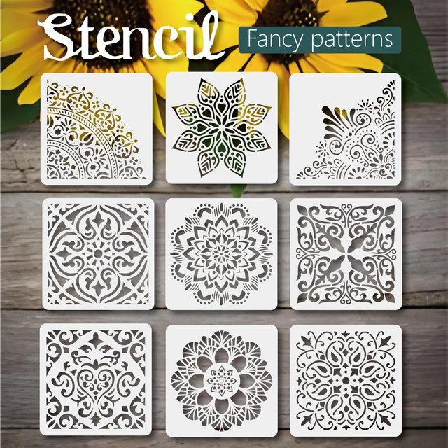 9 Stück Mandala-Wandmalerei-Schablonen aus Kunststoff in Weiß, quadratische DIY-Vorlagen für Wanddekoration, Basteln und Heimdekoration, B/H: 20 x 20 cm - Bild 1