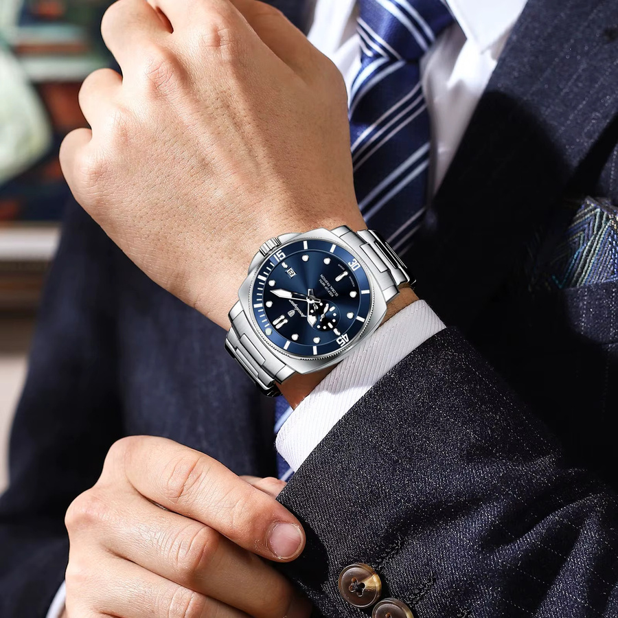 POEDAGAR Armbanduhr Quarz, Edelstahl, Blau, Herren - Bild 5