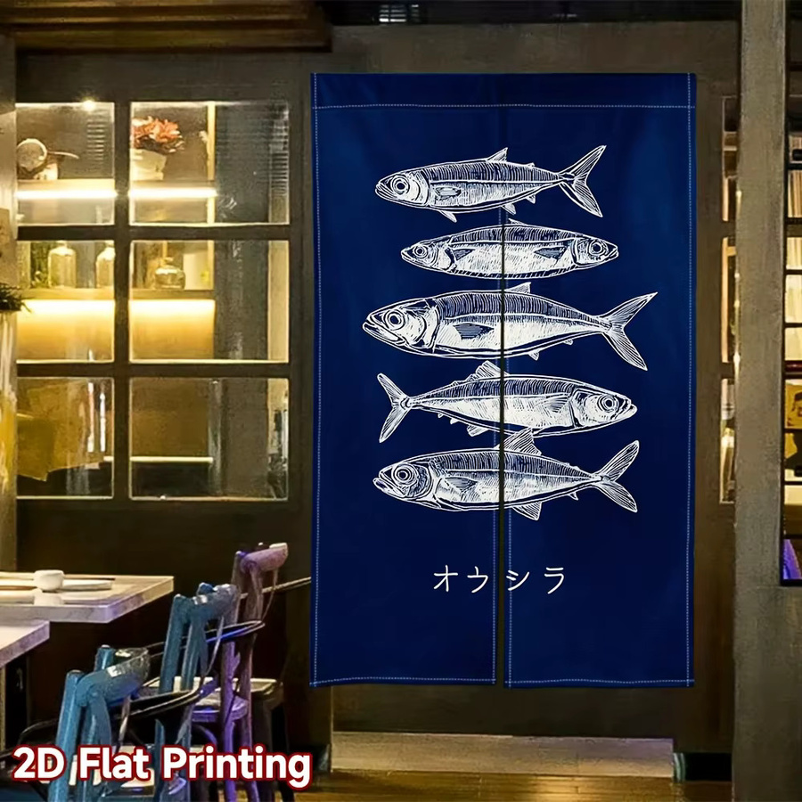 VIKAMA Japanischer Türvorhang mit Fischblock-Print in Blau, minimalistischer Trennvorhang für Eingangsbereich und Küche, Breite: 90 cm, Höhe: 65 cm - Bild 2