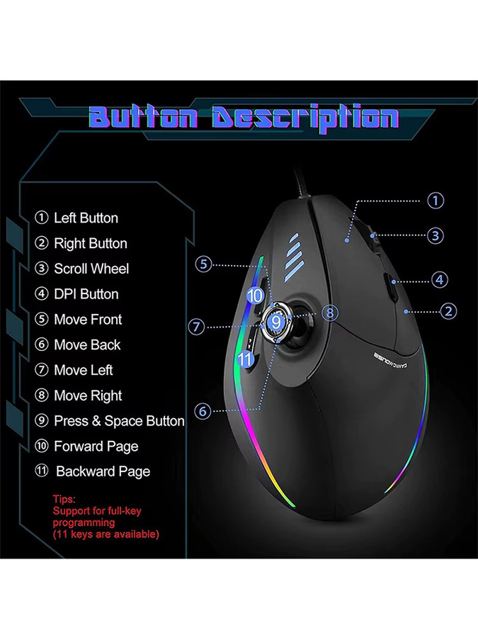 JOMAA Vertikale Gaming-Maus mit Kabel, Ergonomische Maus mit Joystick, RGB-Hintergrundbeleuchtung und 11 programmierbaren Tasten, Schwarz - Bild 4