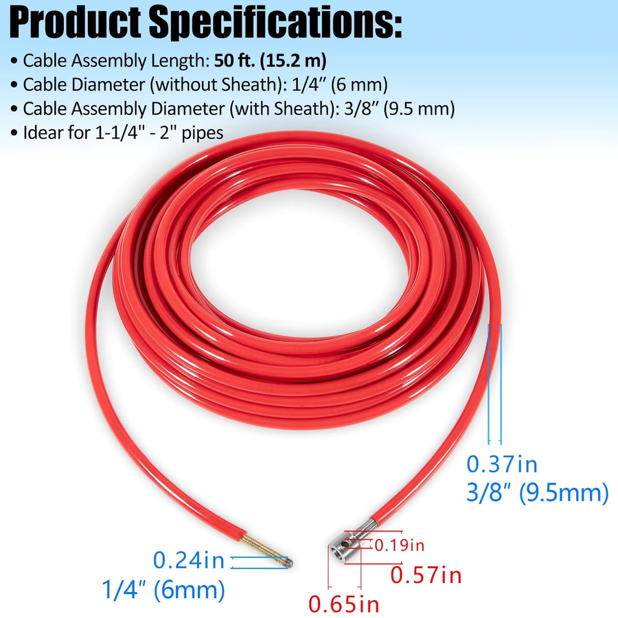 Ridgid Flexschlauch 1/4 Zoll (6mm) Kabelkonfektion 64343 mit Schutzmantel und Kupplung in Rot für Ridgid K9-102 Abflussreinigungsmaschine, Länge: 15,24 m - Bild 5