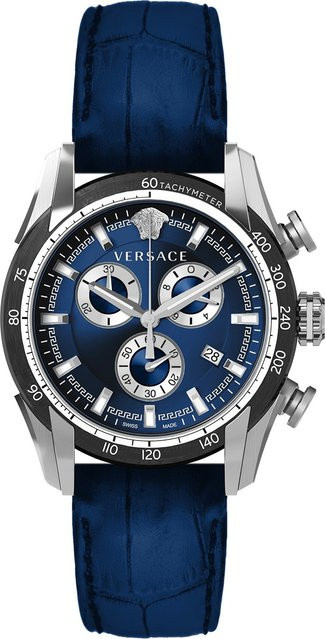 Versace Chronograph, Quarz, Edelstahl, Leder, Blau, 44 mm, Herren - Bild 1