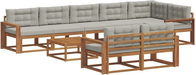 vidaXL Outdoor-Sofagarnitur 9-tlg. aus Akazienholz mit Kissen in L-Form, Farbe: Natur und Grau - Bild 1