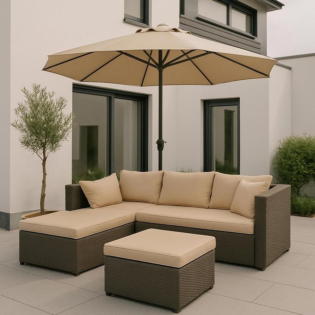 MCW Poly-Rattan Lounge-Set in L-Form, 3-teilige Garten-Sitzgruppe in Grau mit beigen Sitz- und Rückenpolstern - Bild 1