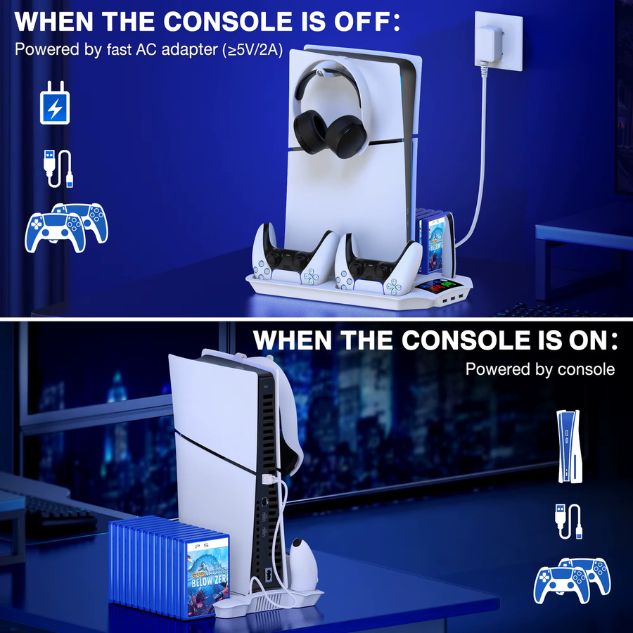 BEBONCOOL Kühlständer für PS5, PS5 Slim und PS5 Pro mit Kopfhörerhaken, Controller-Ladegerät und 3-stufigem Lüfter, Farbe: Weiß - Bild 6