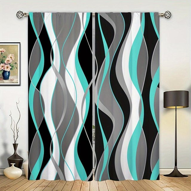 2er-Set abstrakte Fenstervorhänge mit Streifenmuster von Yiran Furniture in Schwarz, Rot, Blau, Grün und Lila, halbtransparent, B/H: 50 x 130 cm - Bild 1