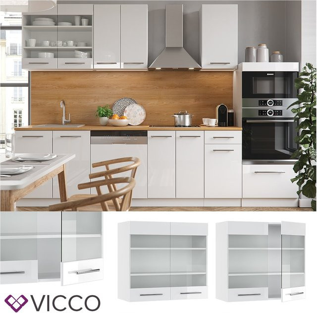 Vicco Küchen-Hängeschrank Fame-Line in Weiß Hochglanz mit Glastüren und Soft-Close-Funktion, Breite: 80 cm - Bild 1