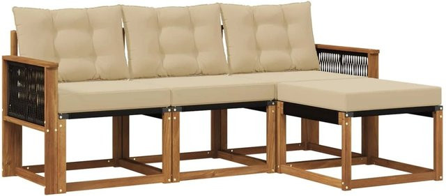 vidaXL Outdoor-Sofagarnitur L-Form aus Akazienholz mit Textilene und Kissen in Natur-Beige - Bild 1