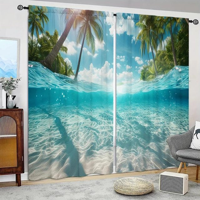 2er-Set Ozeanlandschaft Vorhang mit Grafikprint in Blau, halbtransparent, B: 52,5 cm, H: 116 cm - Bild 1