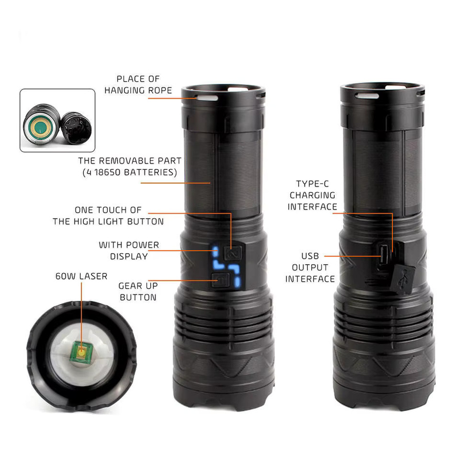 Wiederaufladbare LED-Taschenlampe und Notfalllaterne in Schwarz mit Zoom-Funktion und Leistungsanzeige - Bild 4