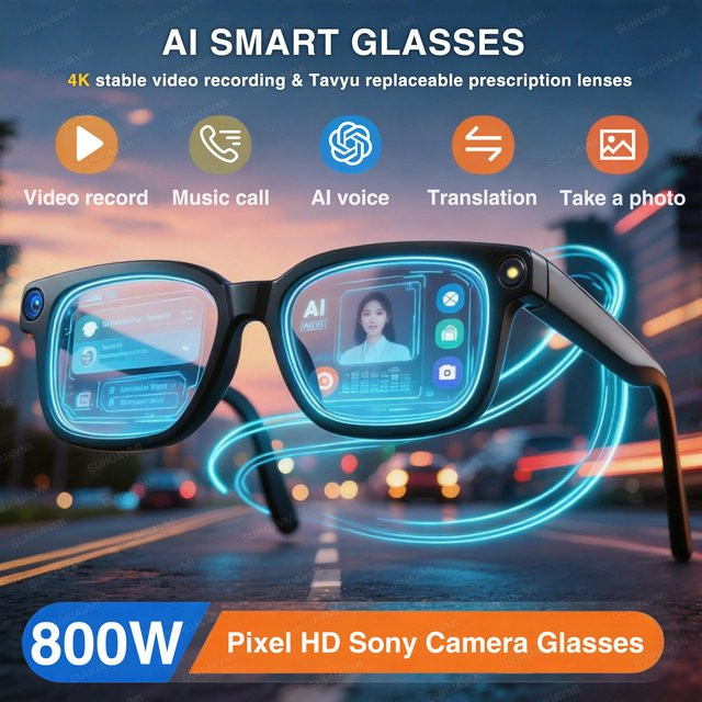 GUHUAVMI KI-Smart-Brille mit 800W HD-Kamera, 1080P Videoaufnahme, Übersetzungsfunktion für über 100 Sprachen, Musikplayer und Anruffunktion, Unisex-Sonnenbrille in Schwarz und Transparent - Bild 1