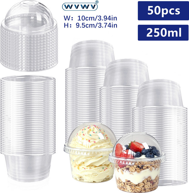 50 Stück WVWV Plastik-Eisbecher mit Deckel, transparente Dessertbecher für Pudding, Mousse oder Obstsalat, 250 ml - Bild 1