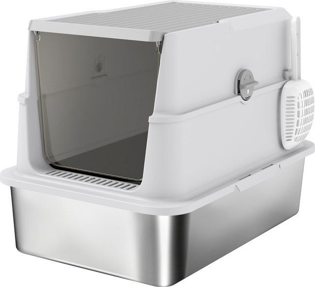 PawHut XL Katzentoilette aus Edelstahl mit Deckel und Schaufel, Hellgrau - Bild 1