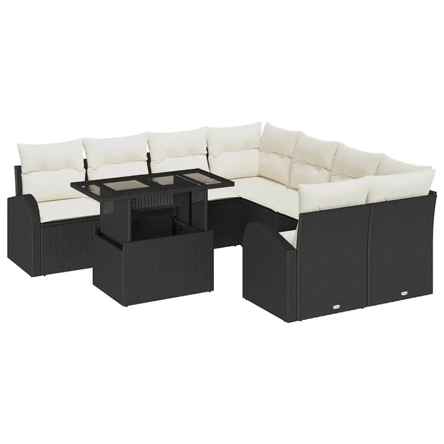 vidaXL Garten-Sofa-Set 9-tlg. aus Poly-Rattan mit Kissen in Schwarz-Creme und pulverbeschichtetem Stahlgestell - Bild 2