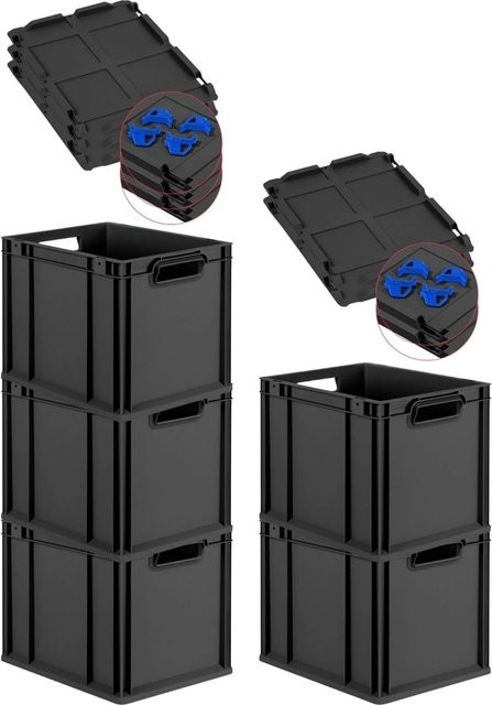 PROREGAL SuperSparSet 5x Eurobox Nextgen Grip mit Scharnierdeckel und blauen Verschlüssen, Schwarz, H x B x T: 32 x 30 x 40 cm, 30 Liter - Bild 1