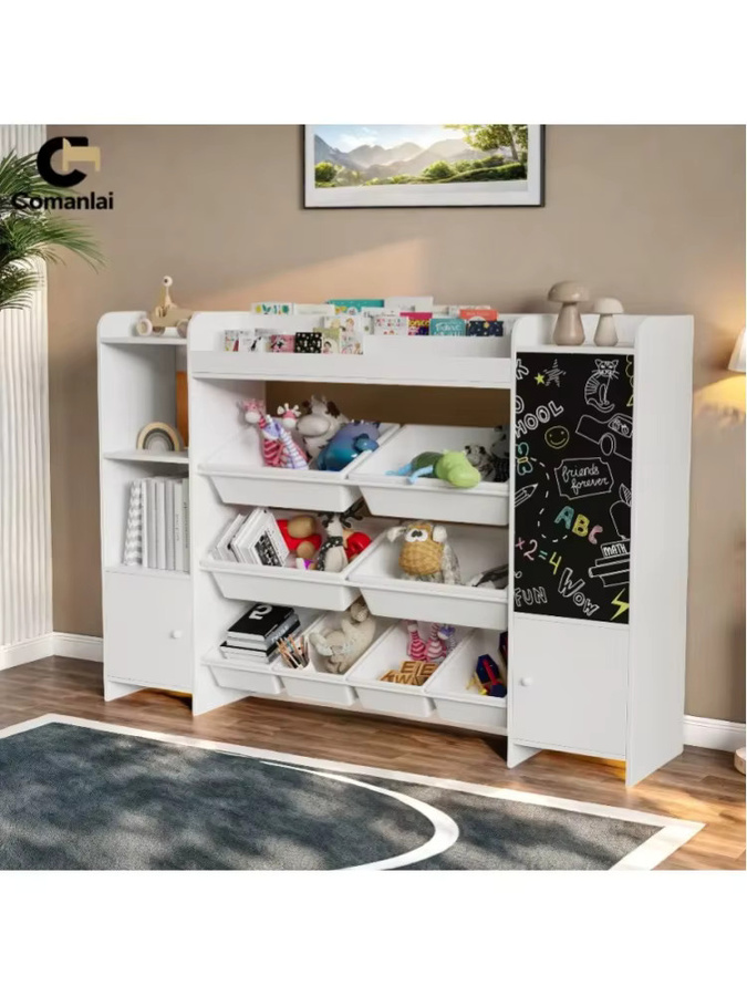 Comanlai Holz-Kinderbücherregal in Weiß mit 8 Boxen, 5 Fächern und Tafel zur Spielzeug-Aufbewahrung, B/T/H: 137 x 30 x 94,5 cm - Bild 4