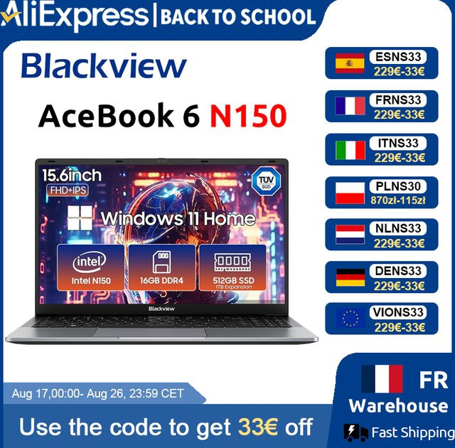 Blackview AceBook 6 Laptop mit 15,6 Zoll FHD IPS Display, Intel Twin Lake N150 Prozessor, 16GB RAM und 512GB SSD, Windows 11 Home, Schwarz - Bild 1